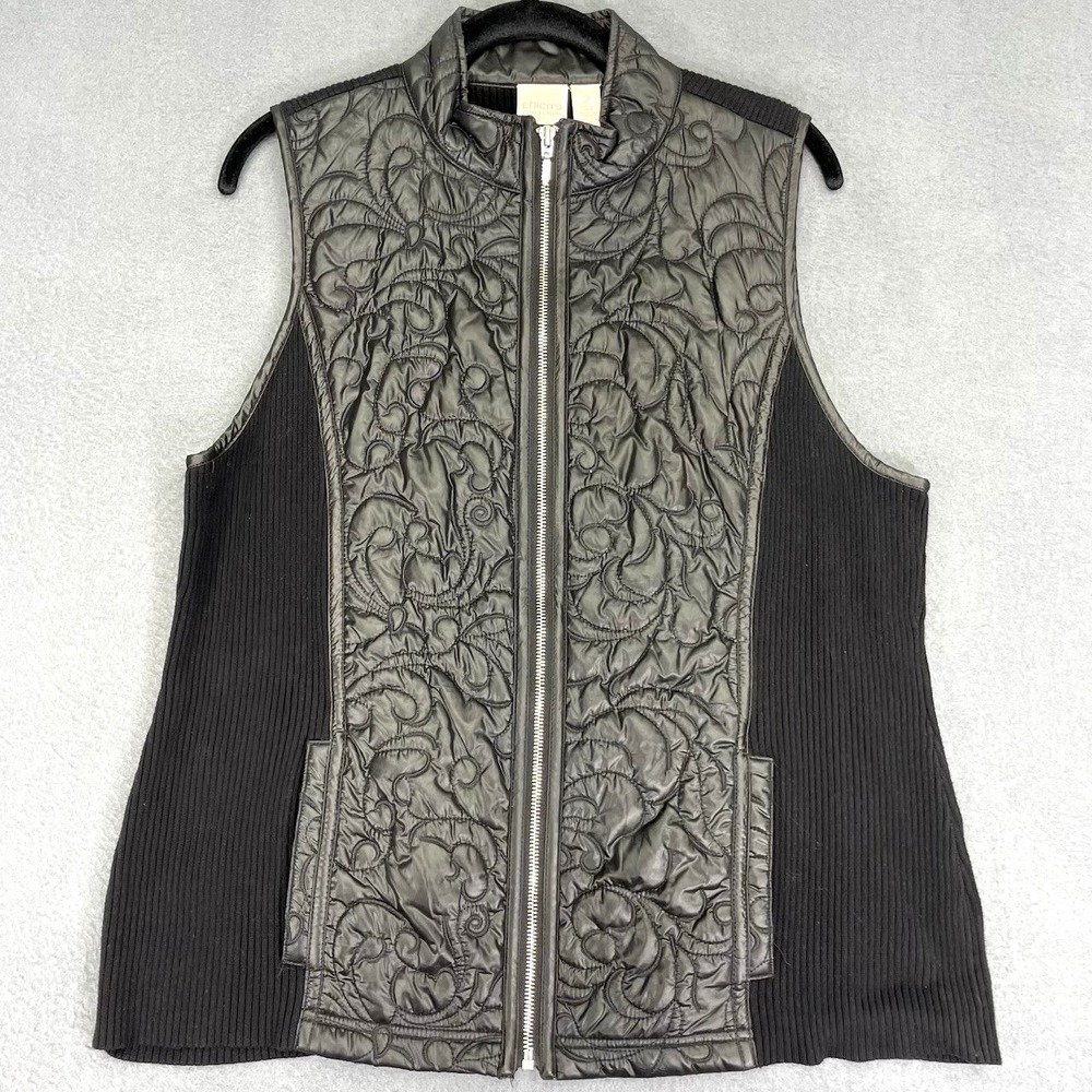 Chicos Quilted Vest Sz Large Full Zip Embroidered Sweater Panels & Back Stretchy